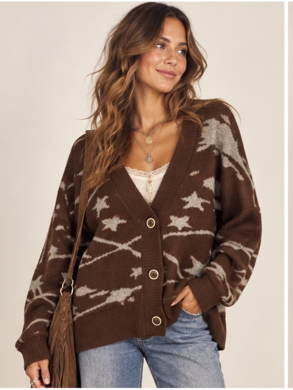 POL Brown & Blue Gray Boho Whimsical V-Neck Button Cardigan Star Accents Large